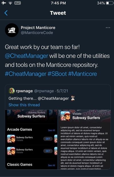 Manticore team tweeted about Cheatmanager utility
