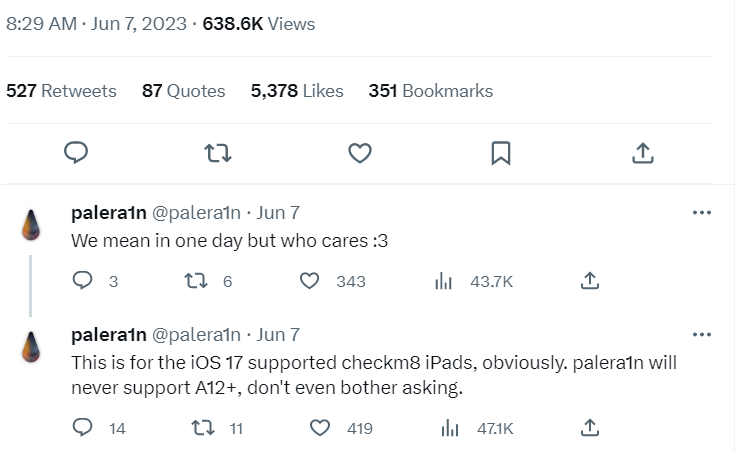 Palera1n Tweets about iOS 17 Jailbreak Progress
